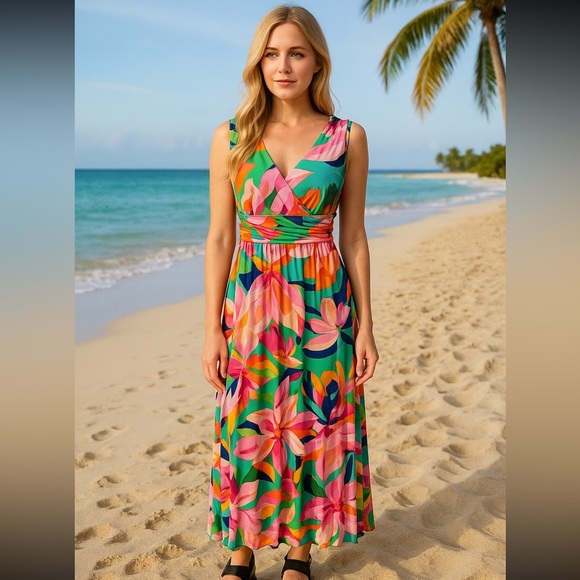 Pappagallo Resort Wear Maxi Dress, Size XS Vacation Hawaiian Sleeveless - Picture 1 of 12